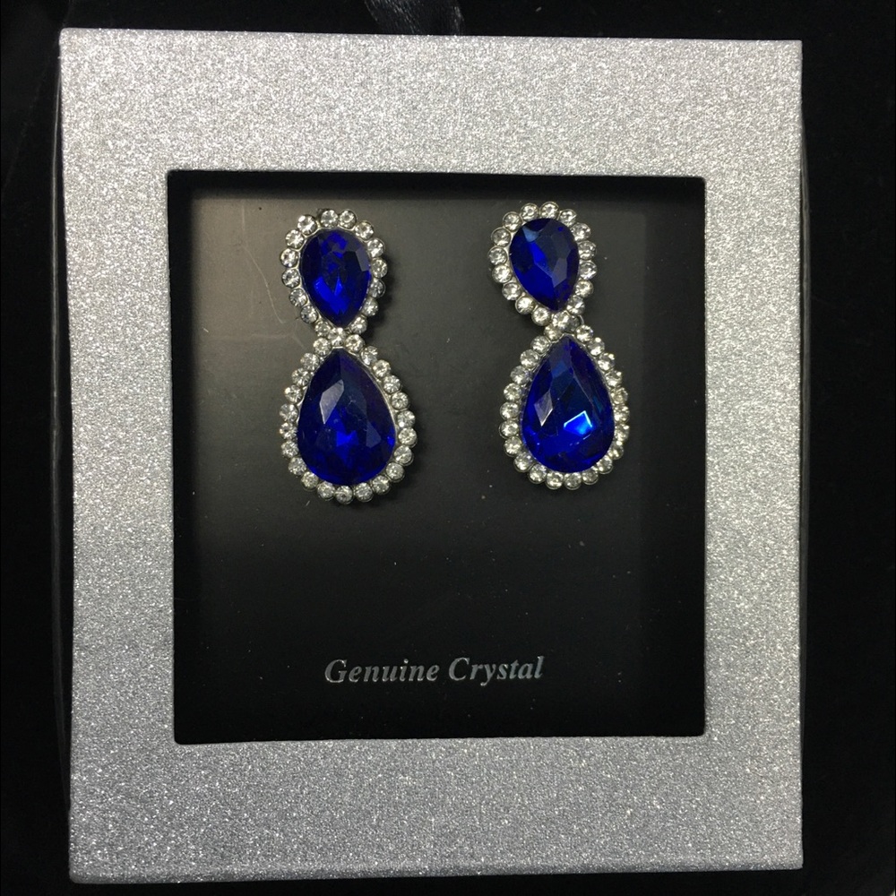 Crystal Sapphire Tear Drop Dangle Post Earrings - Picture 2 of 9